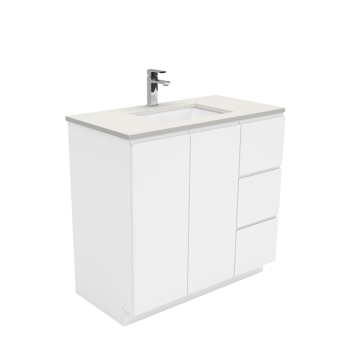 fienza Sarah Roman Sand Undermount 900 Fingerpull Gloss White Vanity on Kick Right Drawers
