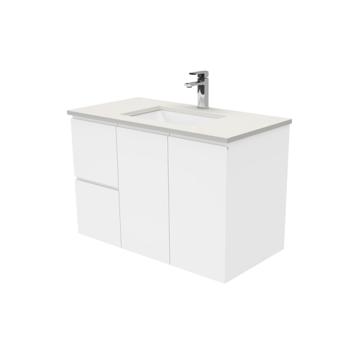 fienza Sarah Roman Sand Undermount 900 Fingerpull Gloss White Wall-Hung Vanity Left Drawers