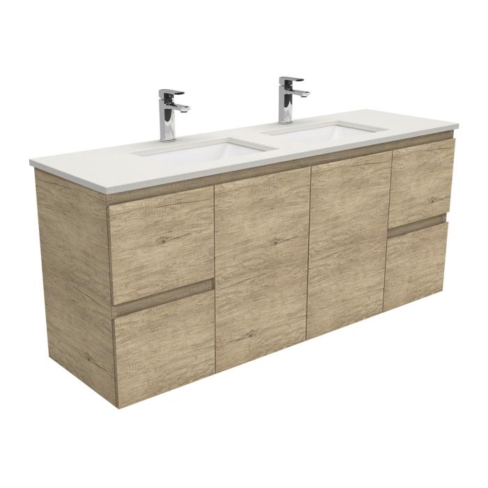 fienza Sarah Roman Sand Undermount Double Bowl 1500 Edge Scandi Oak Wall-Hung Vanity