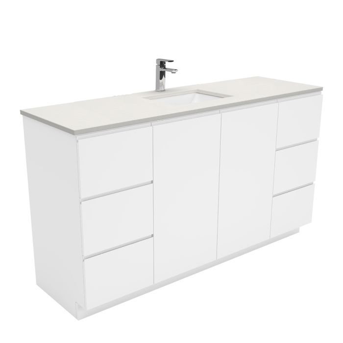 fienza Sarah Roman Sand Undermount Single Bowl 1500 Fingerpull Gloss White Vanity on Kick