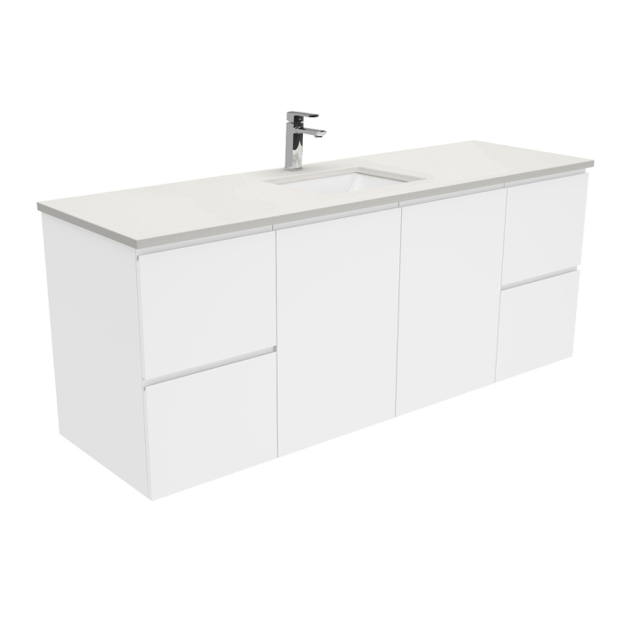 fienza Sarah Roman Sand Undermount Single Bowl 1500 Fingerpull Gloss White Wall-Hung Vanity