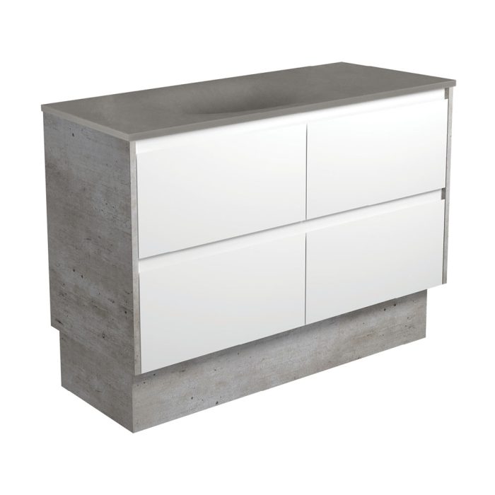 fienza Satori Amato 1200 Satin White Vanity On Kick Industrial Panels