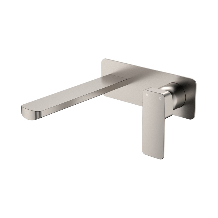 fienza Tono Basin/Bath Wall Mixer Set Rectangular Plate 200mm Outlet Brushed Nickel