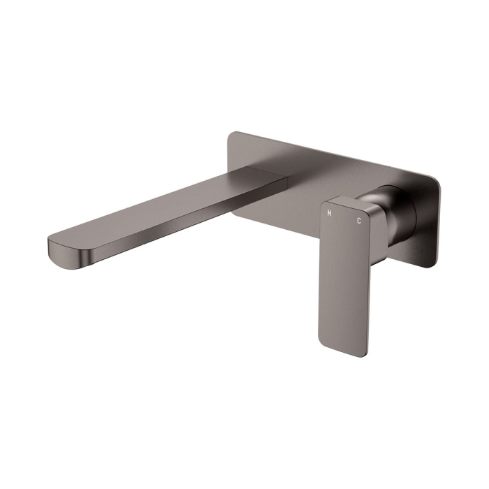 fienza Tono Basin/Bath Wall Mixer Set Rectangular Plate 200mm Outlet Gun Metal
