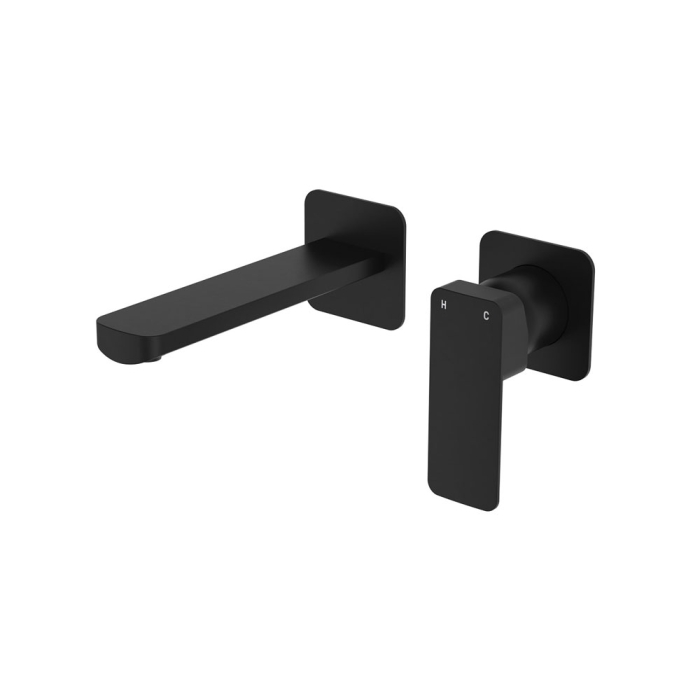 fienza Tono Basin/Bath Wall Mixer Set Square Plates 160mm Outlet Matte Black