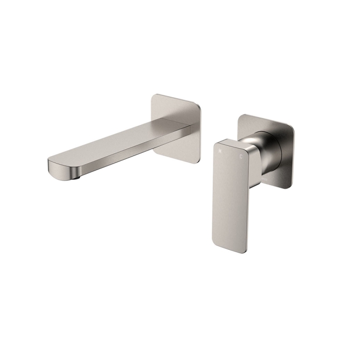 fienza Tono Basin/Bath Wall Mixer Set Square Plates 160mm Outlet Brushed Nickel