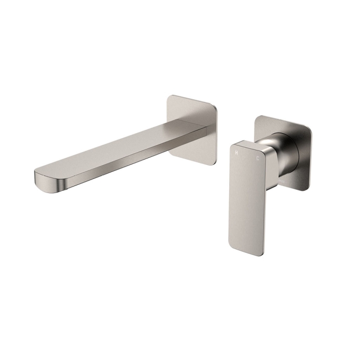 fienza Tono Basin/Bath Wall Mixer Set Square Plates 200mm Outlet Brushed Nickel