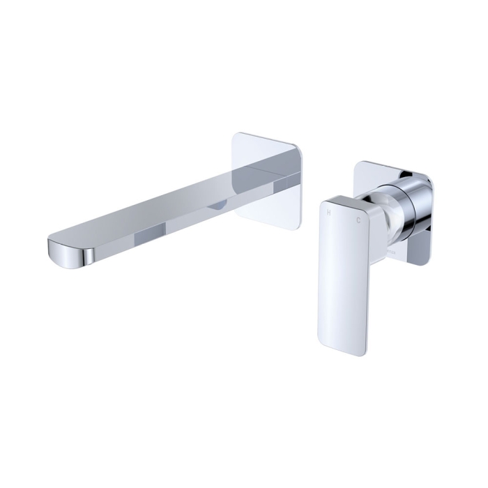 fienza Tono Basin/Bath Wall Mixer Set Square Plates 200mm Outlet Chrome