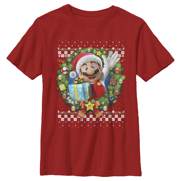 fifth sun Boy's Nintendo Ugly Christmas Mario Wreath T-Shirt