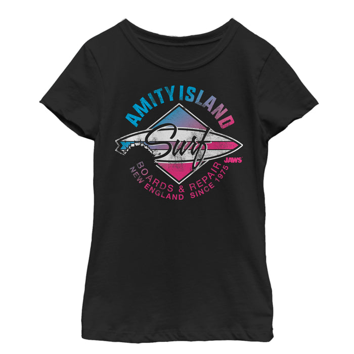 fifth sun Girl's Jaws Amity Island Surfboard Repair T-Shirt