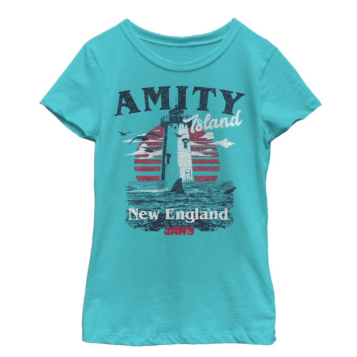 fifth sun Girl's Jaws Amity Island Tourist Lighthouse T-Shirt