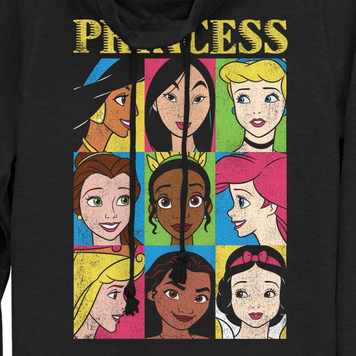 Fifth Sun Junior's Disney Princess Distressed Close-Up Poster Cowl Neck Sweatshirt