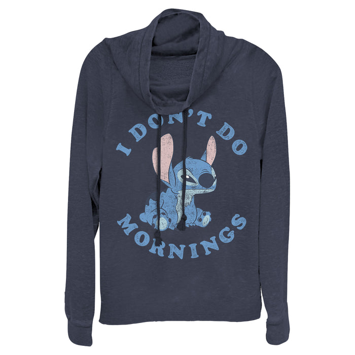 fifth sun Junior's Lilo & Stitch I Don't Do Mornings Light Blue Cowl Neck Sweatshirt