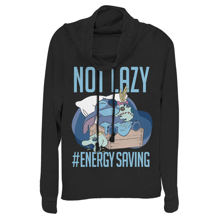 fifth sun Junior's Lilo & Stitch Not Lazy Saving Energy Cowl Neck Sweatshirt