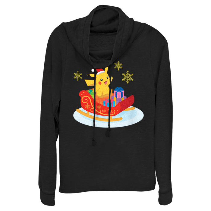 fifth sun Junior's Pokemon Christmas Pikachu Sleigh Cowl Neck Sweatshirt