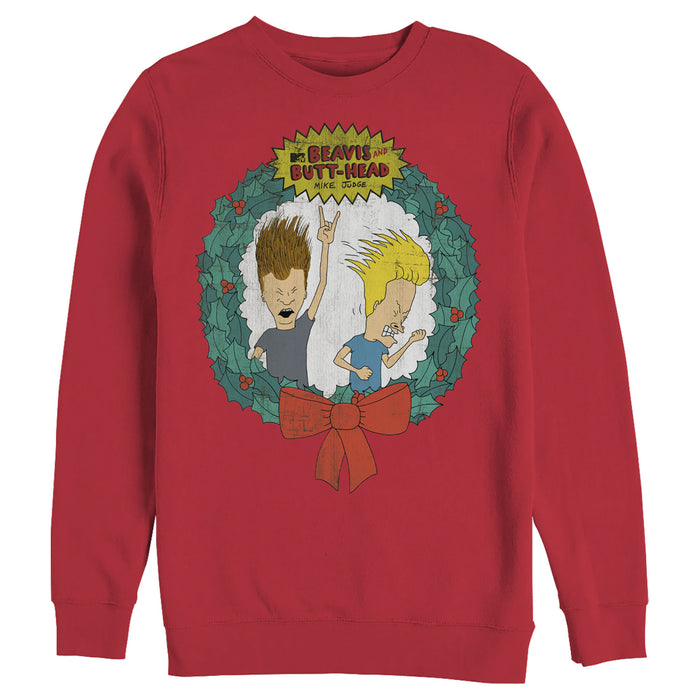 fifth sun Men's Beavis and Butt-Head Christmas Logo Rocker Wreath Sweatshirt