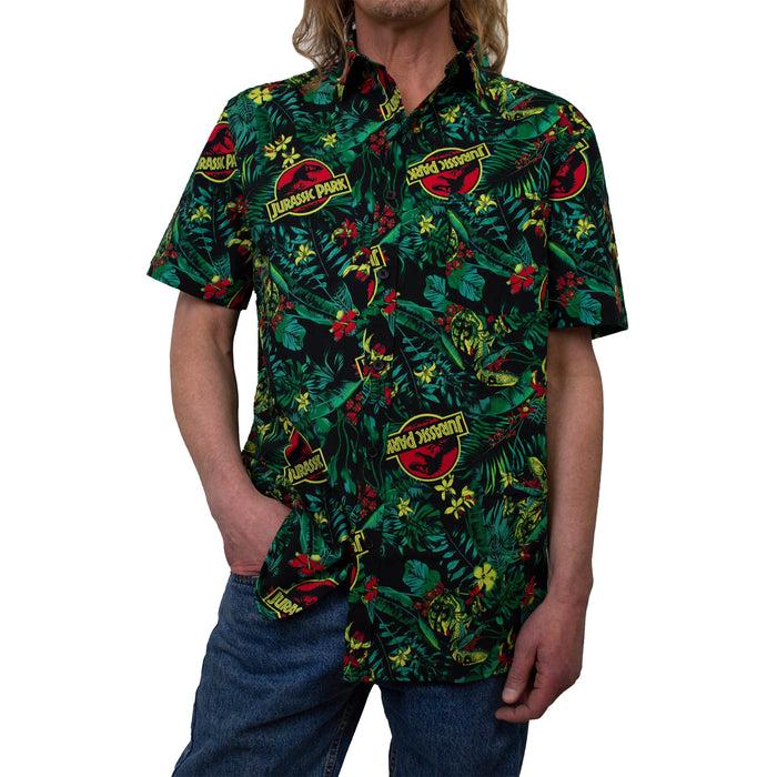 fifth sun Men's Jurassic Park Classic Logo Hawaiian Print Button Down Shirt