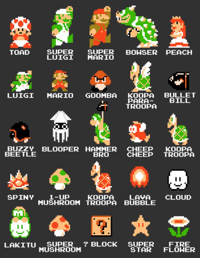Fifth Sun Men's Nintendo Super Mario Bros Character Guide T-Shirt