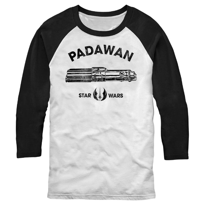 fifth sun Men's Star Wars Distressed Padawan Lightsaber Baseball Tee
