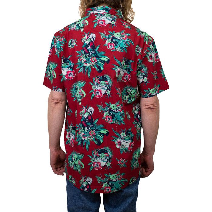 Fifth Sun Men's Star Wars: The Mandalorian Grogu And Din Djarin Retro Hawaiian Print Button Down Shirt