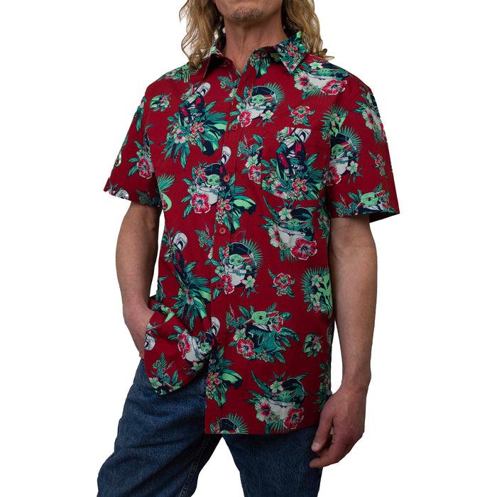 fifth sun Men's Star Wars: The Mandalorian Grogu and Din Djarin Retro Hawaiian Print Button Down Shirt