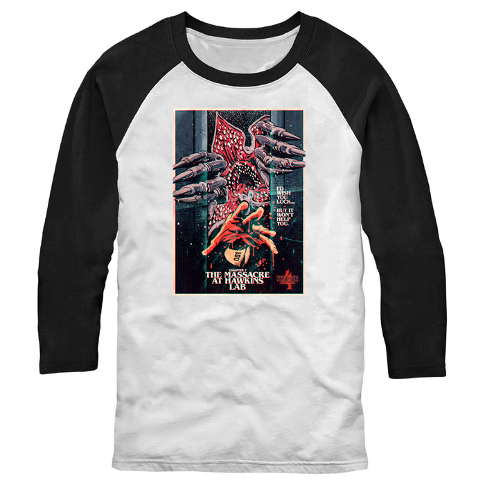 fifth sun Men's Stranger Things Retro Massacre At Hawkins Lab Baseball Tee