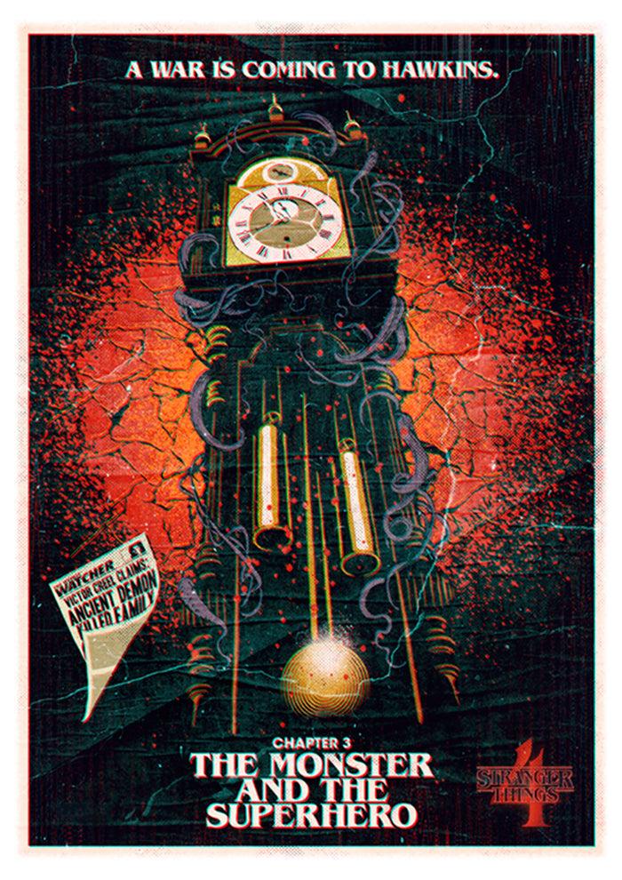 Fifth Sun Men's Stranger Things Retro The Monster And The Superhero Poster Baseball Tee