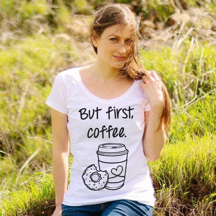 Fifth Sun Women's CHIN UP But First Coffee Cup Scoop Neck
