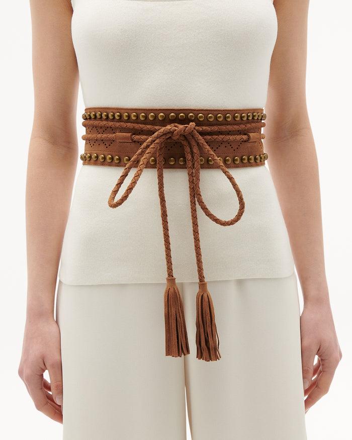 figue Dahlia Studded Wrap Belt Saddle Brown