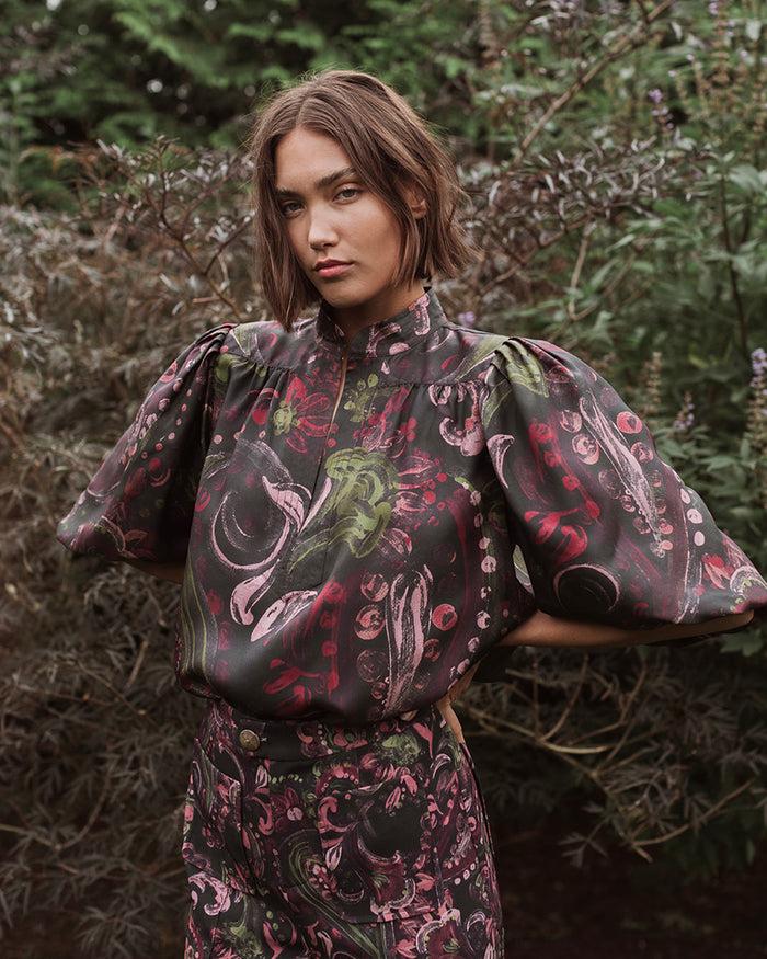 figue Dani Top Painterly Paisley Berry Blue