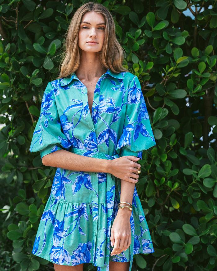 figue Georgie Dress Floral Sketch Apple Green