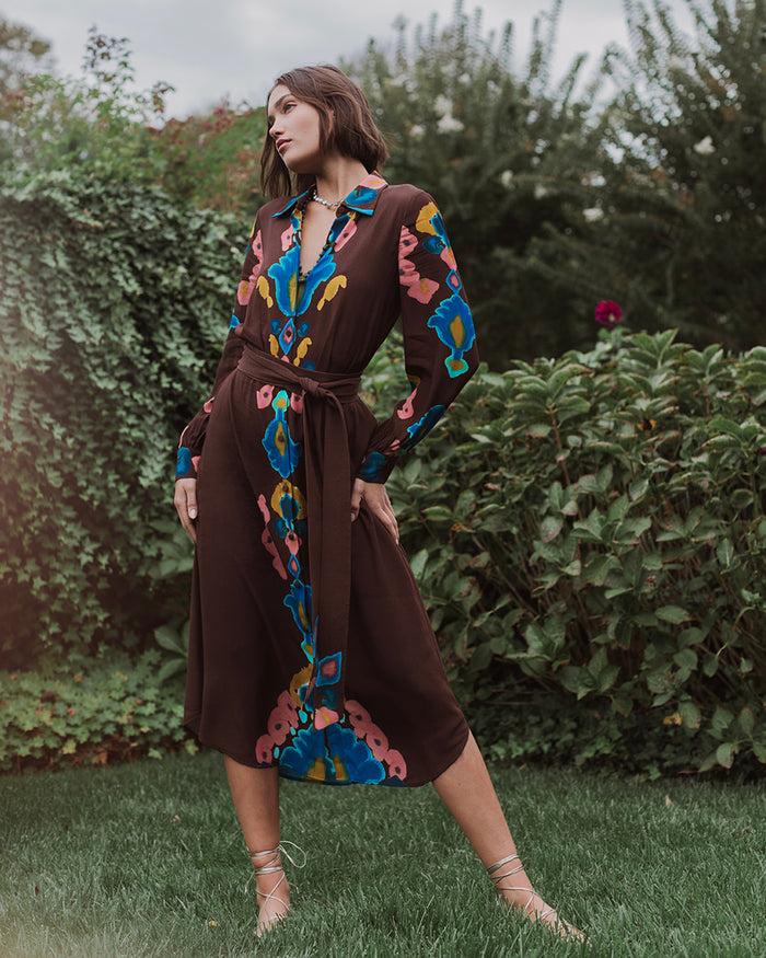 figue Loretta Dress Inkblot Ikat Espresso Brown