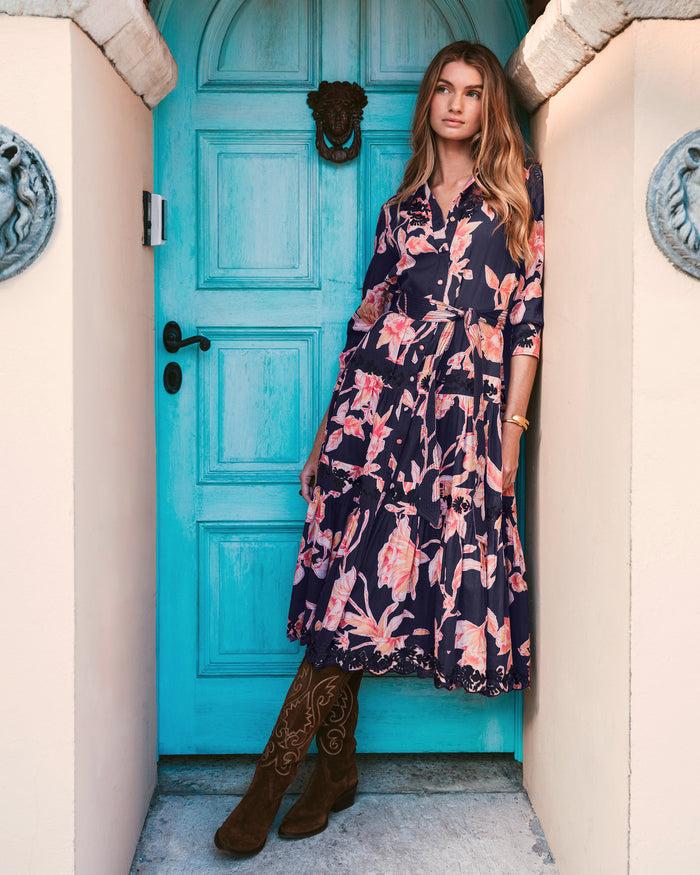 Figue Molly Dress Floral Sketch Royal Dusk