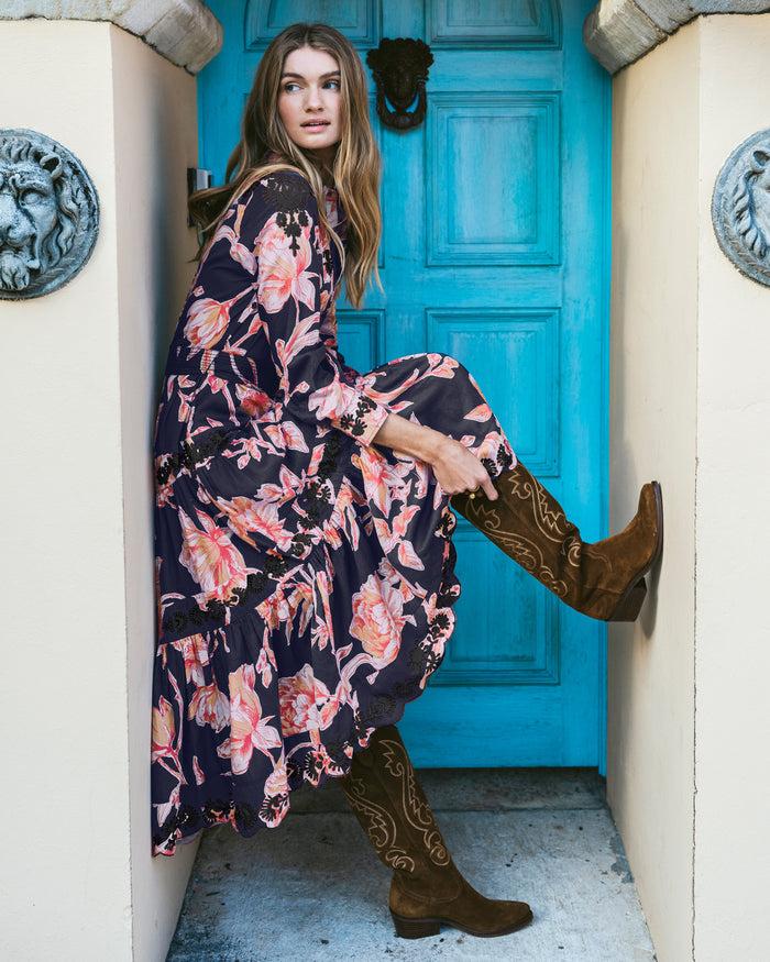 figue Molly Dress Floral Sketch Royal Dusk