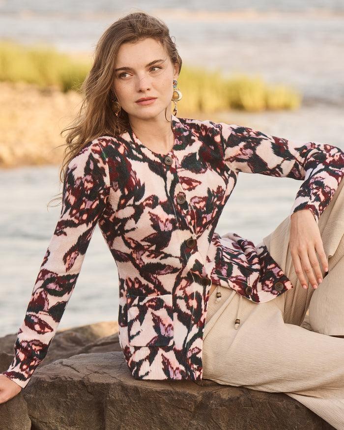 Figue Louisa Cardigan Sweater Ikat Foliage Beach Beige