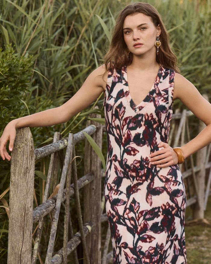 Figue Roxanne Sweater Dress Ikat Foliage Beach Beige