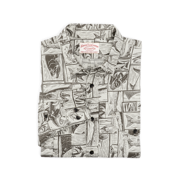 Filson Lightweight Alaskan Guide Shirt Stone Brown Cutwork Fish Print