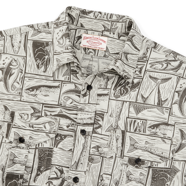 Filson Lightweight Alaskan Guide Shirt Stone Brown Cutwork Fish Print