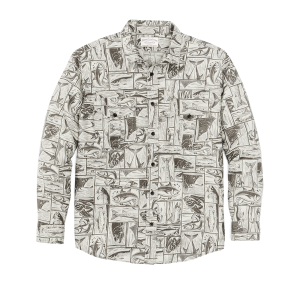 filson Lightweight Alaskan Guide Shirt Stone Brown Cutwork Fish Print