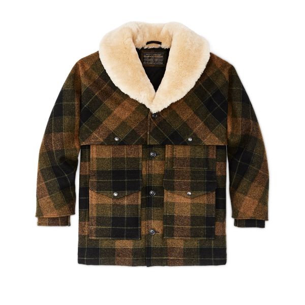 filson Lined Mackinaw Wool Packer Coat Loden Heather Plaid
