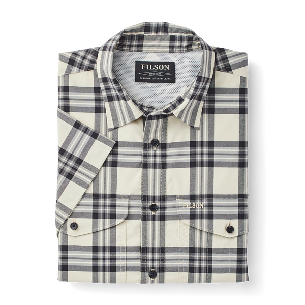 Filson Twin Lakes Short Sleeve Sport Shirt Cream/grey/black Plaid