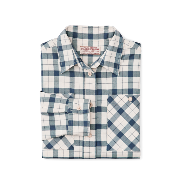 Filson Women's Light Weight Alaskan Guide Shirt Light Tan / Flag Blue Plaid