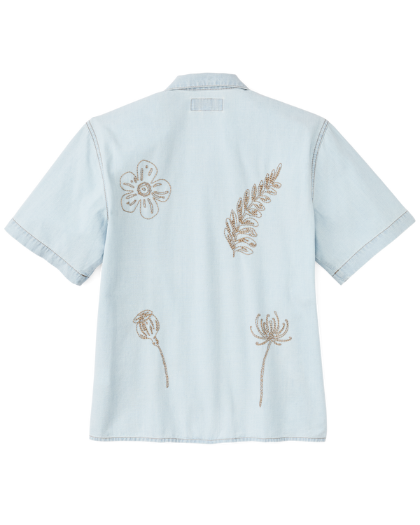 Filson Women's Short Sleeve Embroidered Camp Shirt Light Indigo Chambray