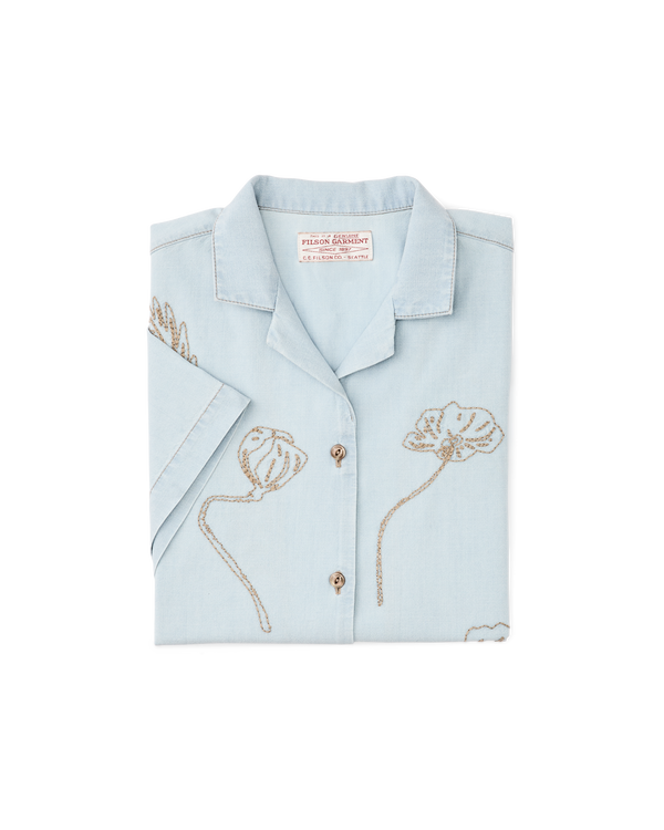 Filson Women's Short Sleeve Embroidered Camp Shirt Light Indigo Chambray