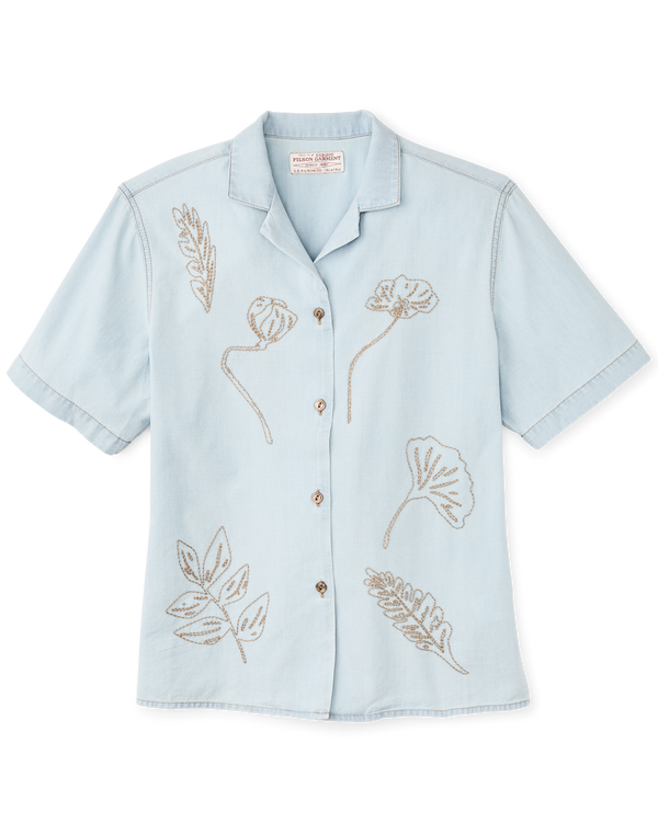 filson Women's Short Sleeve Embroidered Camp Shirt Light Indigo Chambray