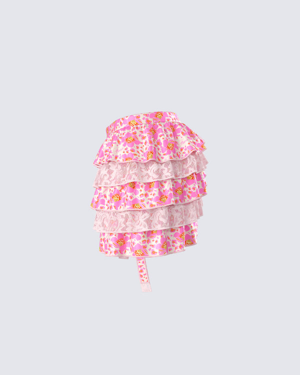 Finesse Ana Multi Floral Lace Ruffle Micro Mini Skirt