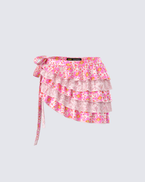 finesse Ana Multi Floral Lace Ruffle Micro Mini Skirt