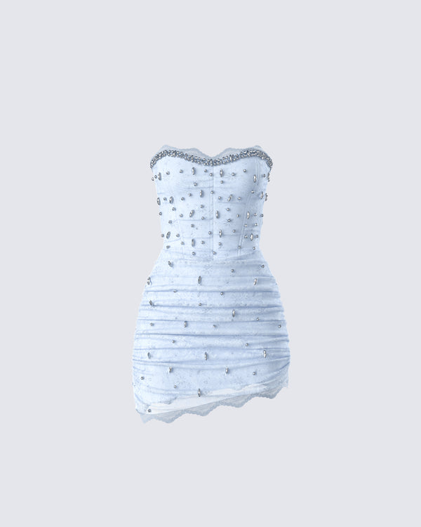 finesse Clarisse Baby Blue Hand Beaded Rhinestone Dress