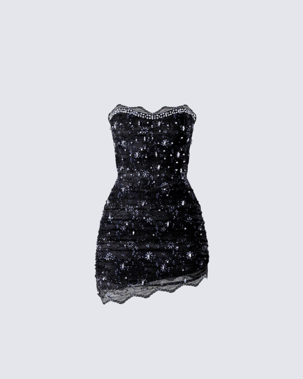 finesse Clarisse Black Hand Beaded Rhinestone Dress