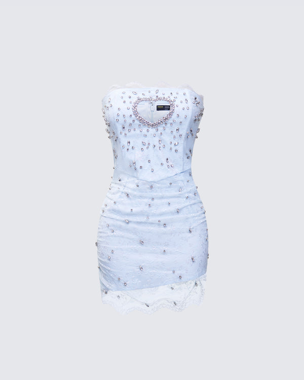 finesse Clover Hand Beaded Rhinestone Baby Blue Mini Dress